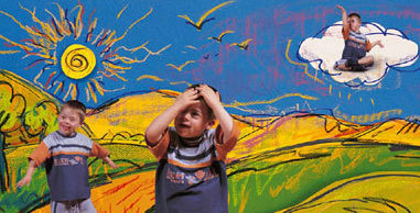 Imagen. Niños jugando en un paisaje dibujado.